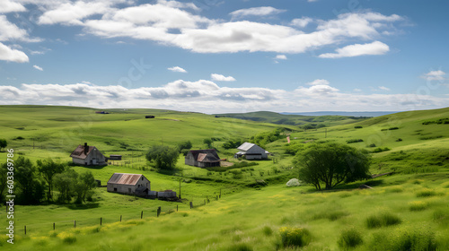 A picturesque countryside scene, with gentle rolling hills covered in lush green grasses, scattered with charming farmhouses, and embraced by a clear blue sky dotted with fluffy white clouds © VirtualCreatures