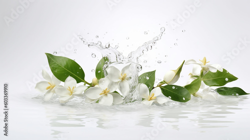 White jasmine flowers fall into the water and make a beautiful water splash. Light white background. Generative AI