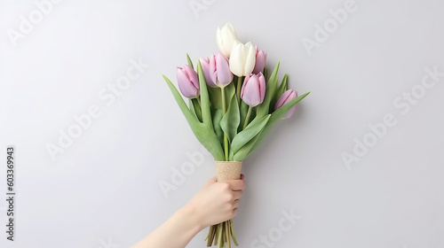 A  hand with a flowers bouquet of pink and white tulips against grey wall. Generative AI
