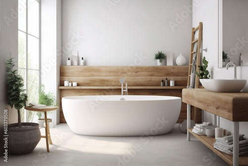 modern luxury bathtub wood 3d bathroom architecture interior home white house. Generative AI.