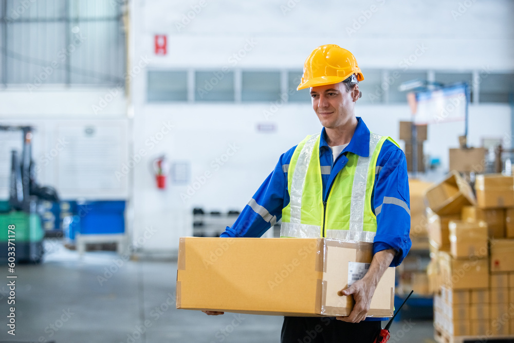 Man professional worker wearing safety uniform and hard hat worker checklist box inspect product on shelves in warehouse. Male worker storehouse logistic storage product. Man professional worker wearing safety uniform and hard hat worker checklist box inspect product on shelves in warehouse. Male worker storehouse logistic storage product.