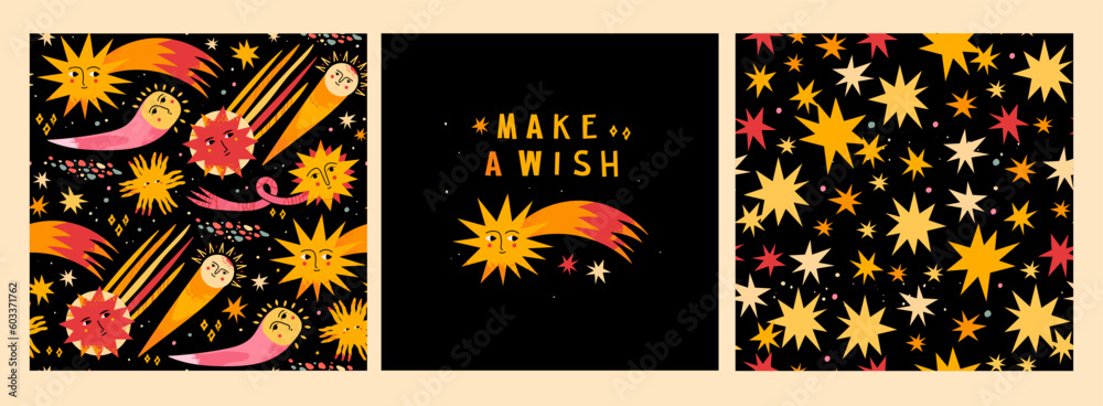 Make a wish card and two space seamless patterns. Sun, comet or shooting stars with face. Hand drawn Vector isolated illustrations - obrazy, fototapety, plakaty 