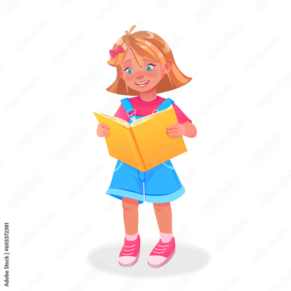 Cute little girl stands and reads book. Isolated vector illustration. Cartoon character. kid girl study learn story book school Cute little girl stands and reads book. Isolated vector illustration. Cartoon character. kid girl study learn story book school
