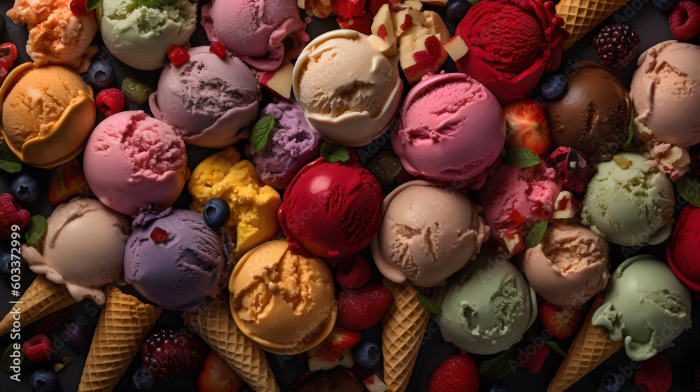 ice cream scoops of different colors and flavors. generative ai
