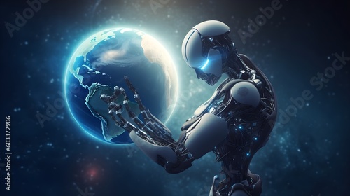 AI Robot holding Earth showing that the AI will take the control - World Technology Security System and Business Industry Concepts