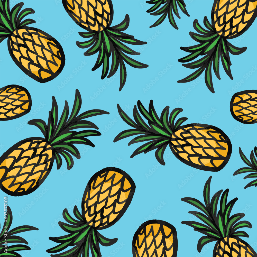 Cute cartoon outlined Pinapples doodles vector illustration pattern isolated on bright blue square background template. Simple flat art styled healthy food drawing for poster, wrapping paper, prints. Cute cartoon outlined Pinapples doodles vector illustration pattern isolated on bright blue square background template. Simple flat art styled healthy food drawing for poster, wrapping paper, prints.