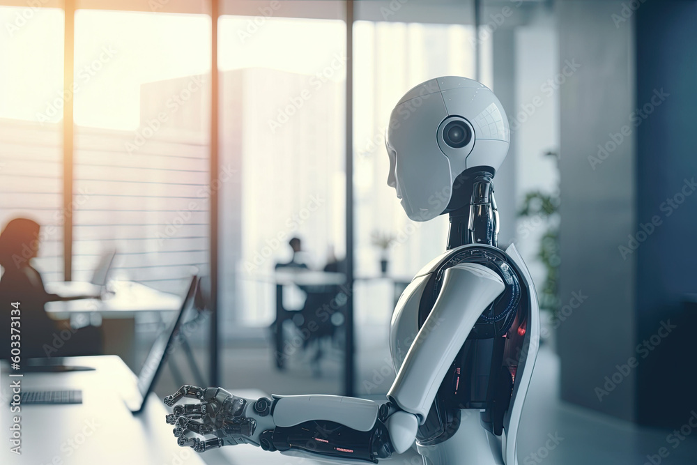 The robot works with a laptop in the office. Generative AI illustration The robot works with a laptop in the office. Generative AI illustration
