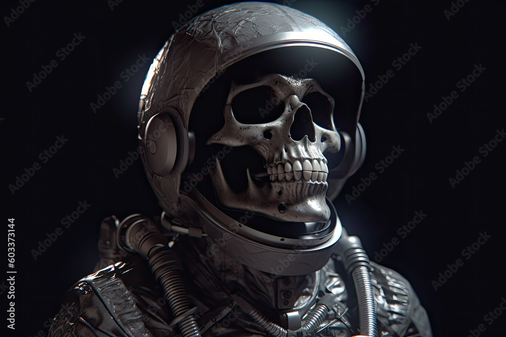 A skullface astronaut in the space suit and a helmet. A dead spaceman in the space. Generative AI A skullface astronaut in the space suit and a helmet. A dead spaceman in the space. Generative AI