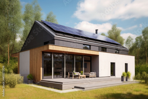 Solar panels on a gable roof. Beautiful, large modern house and solar energy. Generative AI © barmaleeva