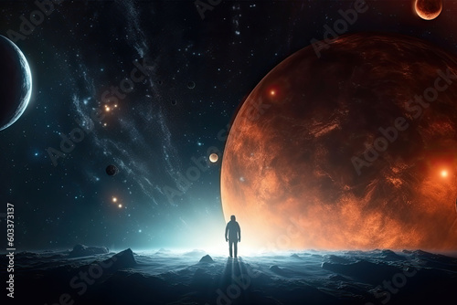 An astronaut stands alone on the unknown planet. The space environment background. Generative AI
