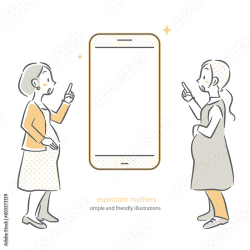 おしゃべりをする2人の妊娠中の女性　シンプルでお洒落な線画イラスト