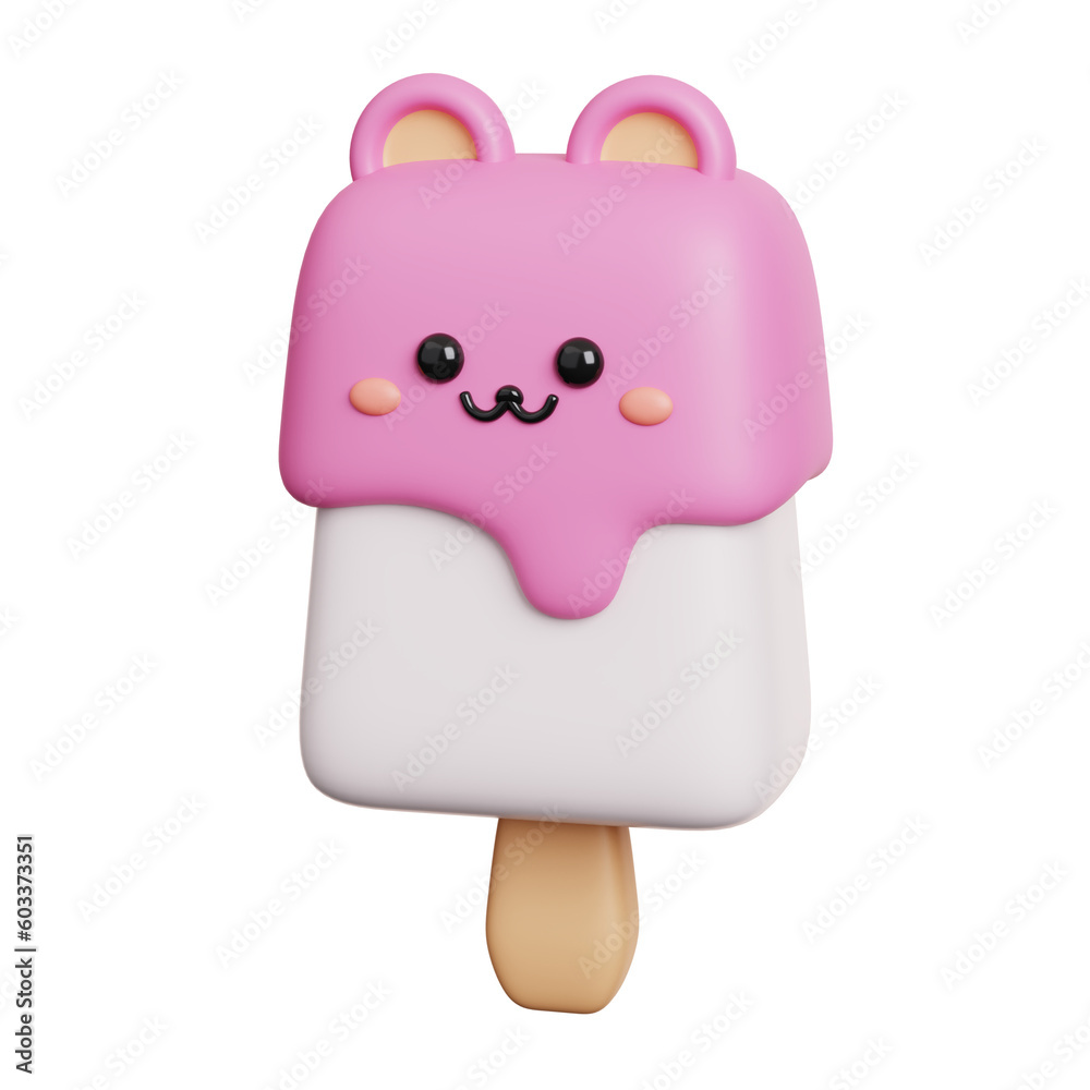 Ice cream candy. Cute dessert sweet character isolated. 3D Rendering
