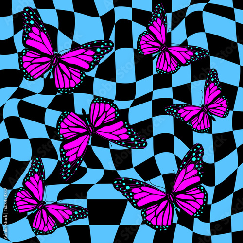 Y2k aesthetic background with butterflies on vibrant checkered mesh