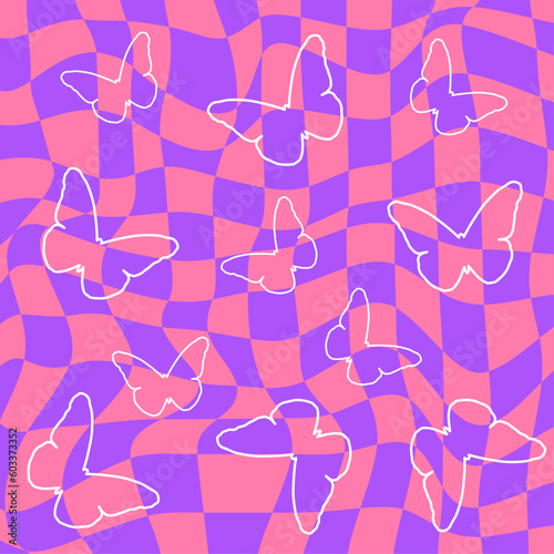 Y2k pink glamour butterflies background. Background in trendy emo goth 2000s style. 90s, 00s aesthetic wallpaper with line butterfly