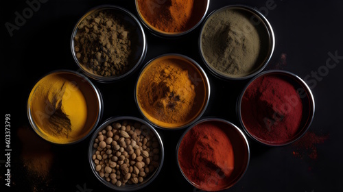 Various spices powder in a bowls. generative ai
