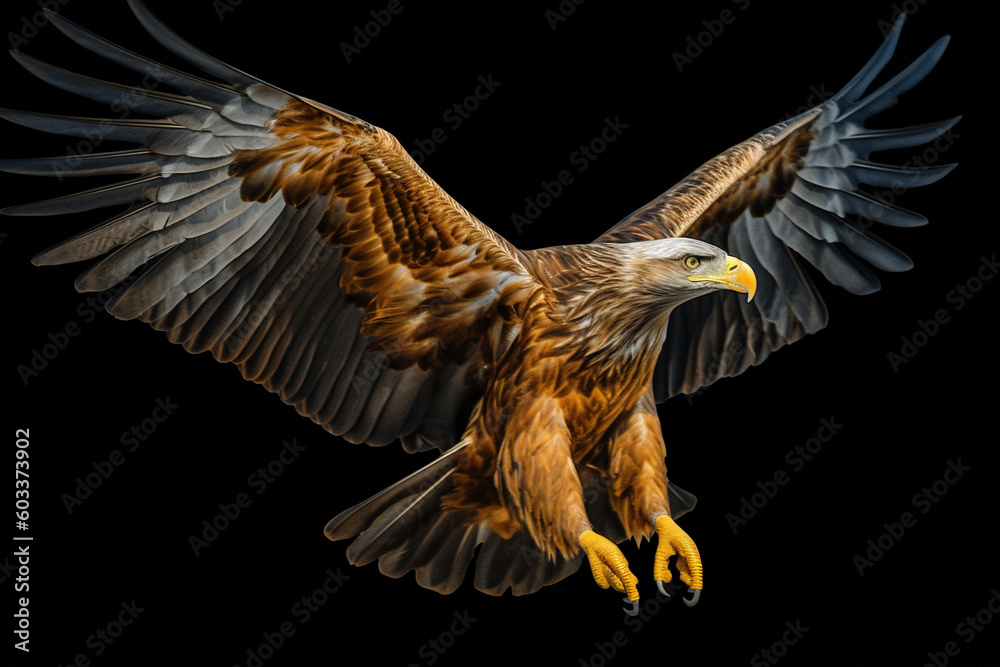 Obraz premium an eagle with its wings open flying over the dark background, in the style of dark yellow and light beige, national geographic photo, hurufiyya