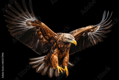 an eagle with its wings open flying over the dark background, in the style of dark yellow and light beige, national geographic photo, hurufiyya © siripimon2525