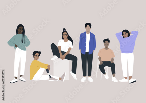 A group of young diverse characters gathered together, casual attire and candid poses