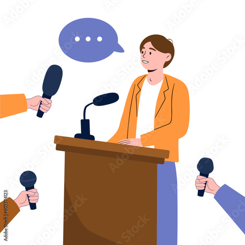 Pre election meeting. Man stands near stand with microphone. Politician speaks at debate, answers questions from journalists. Press service for interview. Cartoon flat vector illustration