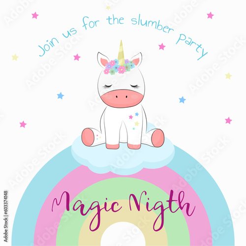 Card invitation for slumber party with cute unicorn, rainbow, stars, flower, clouds for babe
