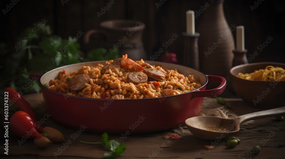 Spicy Homemade Cajun Jambalaya stock photo. generative ai