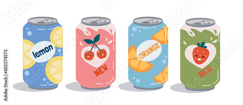 Soda bottle fruit set. Collection of lemonades and cocktails in aluminum cans. Cold drinks with lemon, cherry, orange and strawberry. Cartoon flat vector illustrations isolated on white background