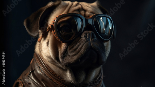 A portrait of a pug wearing sunglasses and a leather jacket. Generative AI