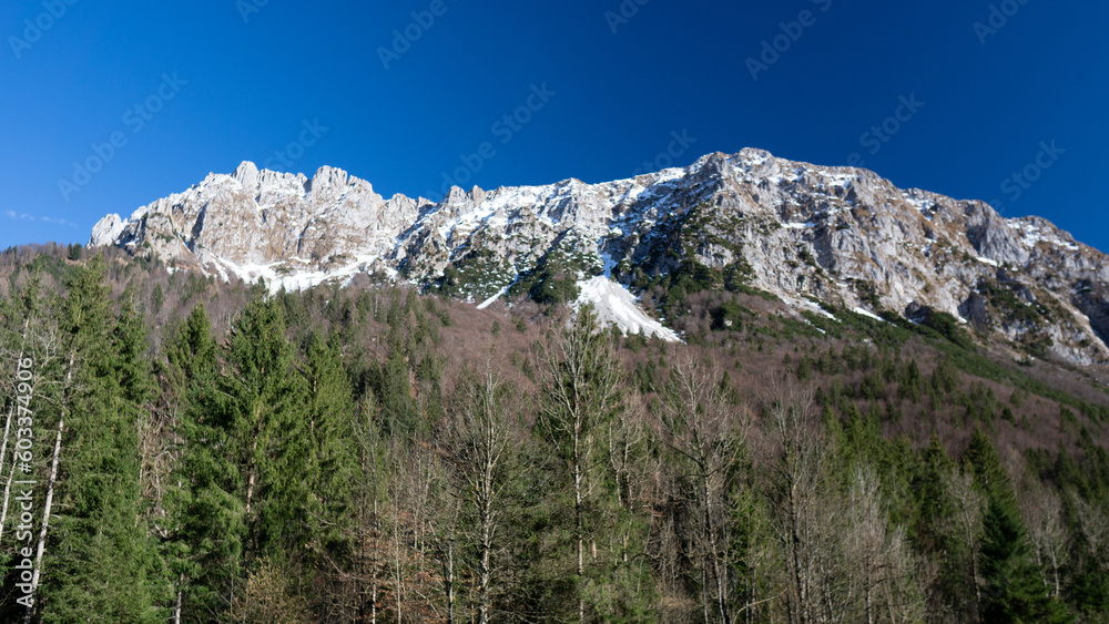 Valzurio: one of the wildest and least visited valleys near Bergamo, entirely contained in the Orobie Bergamasche park, near the village of Oltressenda Alta, Italy - March 2023.