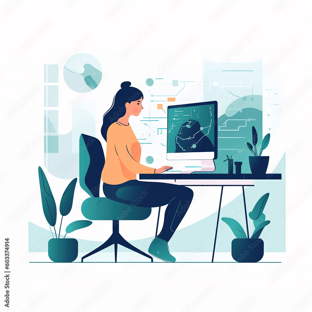 girl with laptop sitting on the chair. Freelance or studying concept. Cute illustration in flat style. Generative AI girl with laptop sitting on the chair. Freelance or studying concept. Cute illustration in flat style. Generative AI