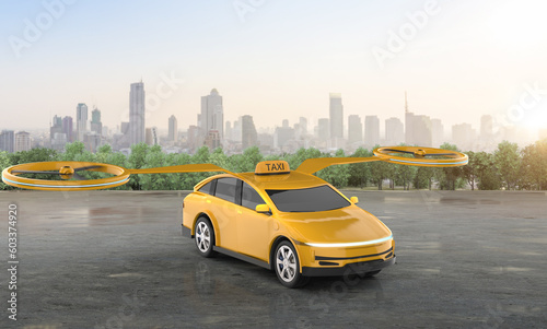 Driverless taxi or autonomous taxi with electric flying yellow car