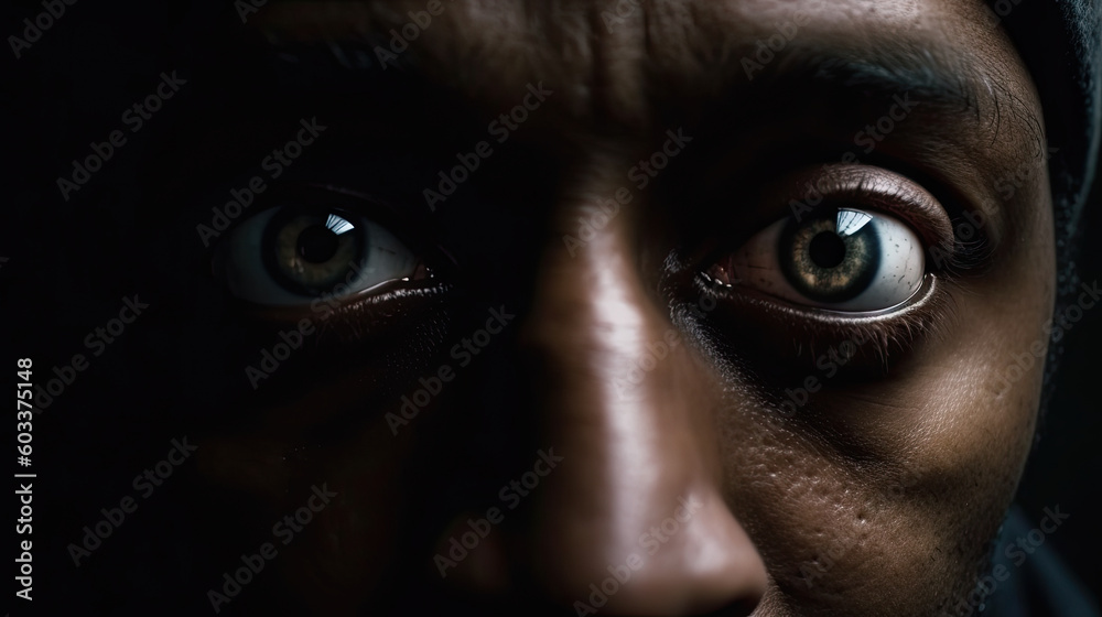 A close-up on the wide eyes of a dark-haired man wearing a headdress. A close-up on the wide eyes of a dark-haired man wearing a headdress.