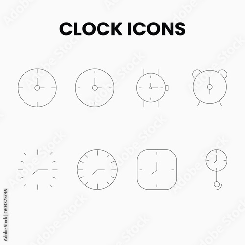 Vector Time and Clock icons set. Clocks icon collection design. Vector Time and Clock icons in thin line style. Minimal Set of Time and Clock Line Icons