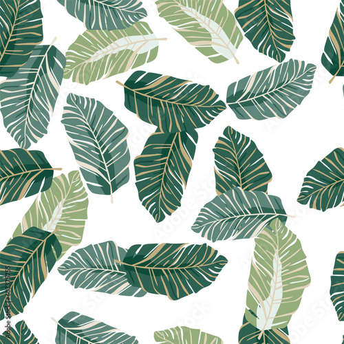 Abstract exotic plant seamless pattern. Botanical leaves wallpaper. Tropical pattern backdrop with palm leaf and floral motifs.