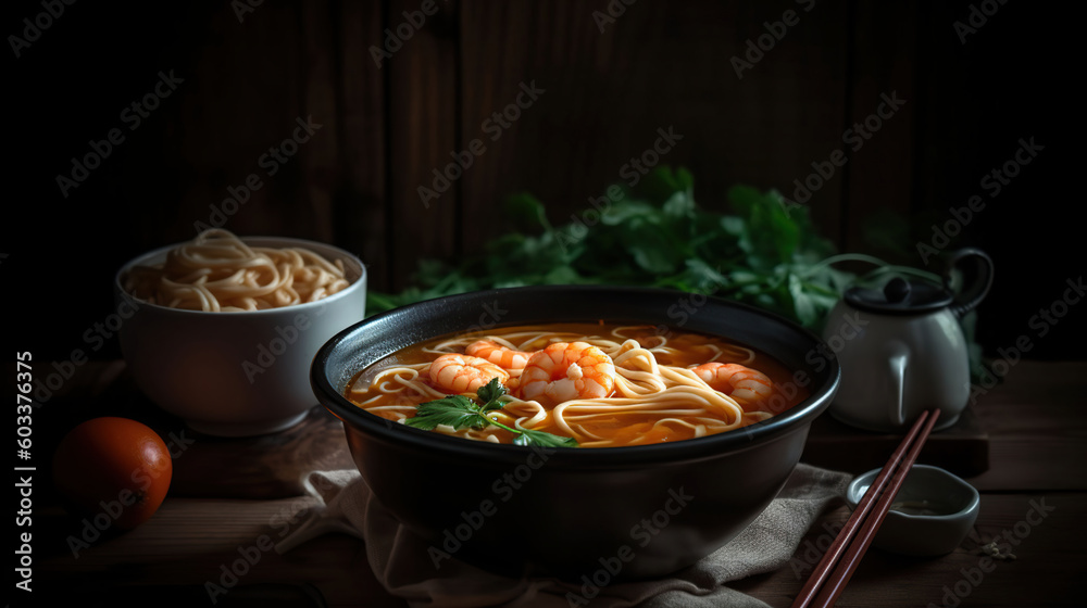 A bowl containing soup with shrimp and noodles, Generative AI