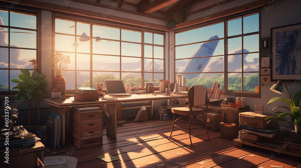 Fototapeta premium ベッドと机があるシンプルな部屋-アニメ背景 ,Generative AI