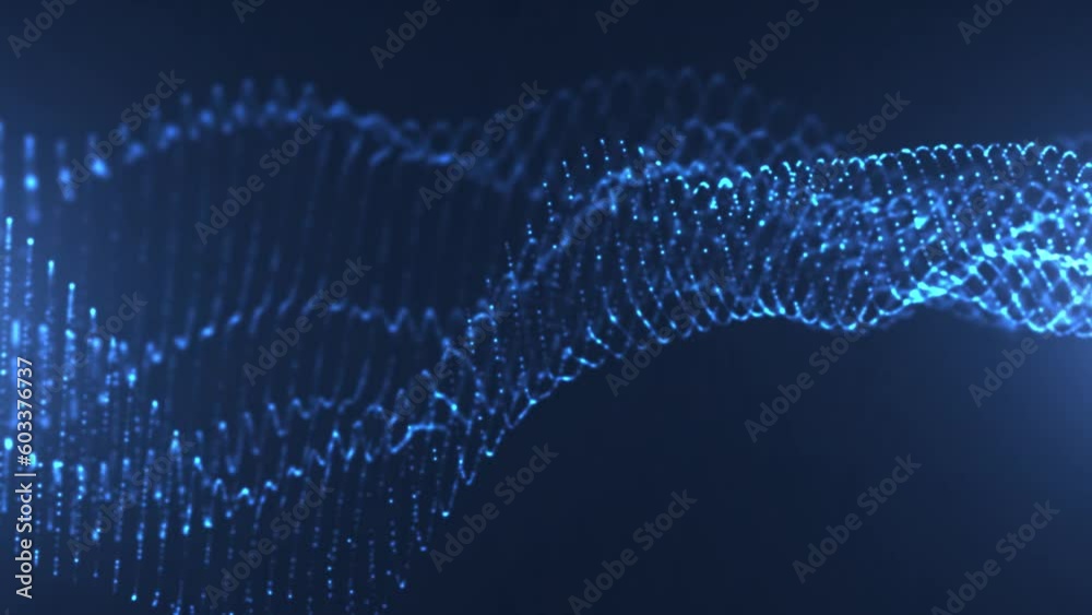 blue sine particles wave with light motion abstract background. fantasy dynamic particule wave animation.  abstract motion dots background
