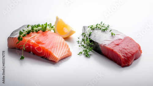 Color beef and salmon, and vegetables with white background, professional color grading, Generative AI