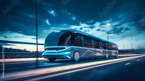 Futuristic double-decker bus. The concept of autonomous transportation. Generative AI