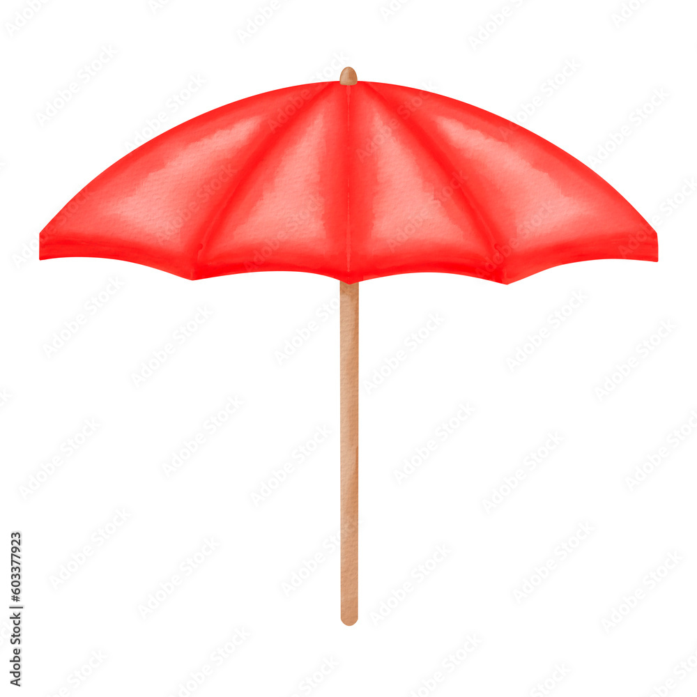 Red beach umbrella Watercolor .	
