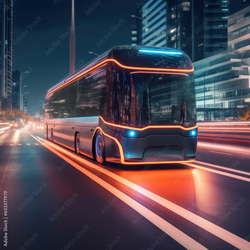 Futuristic double-decker bus. The concept of autonomous transportation. Generative AI