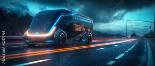 Futuristic double-decker bus. The concept of autonomous transportation. Generative AI © ColdFire