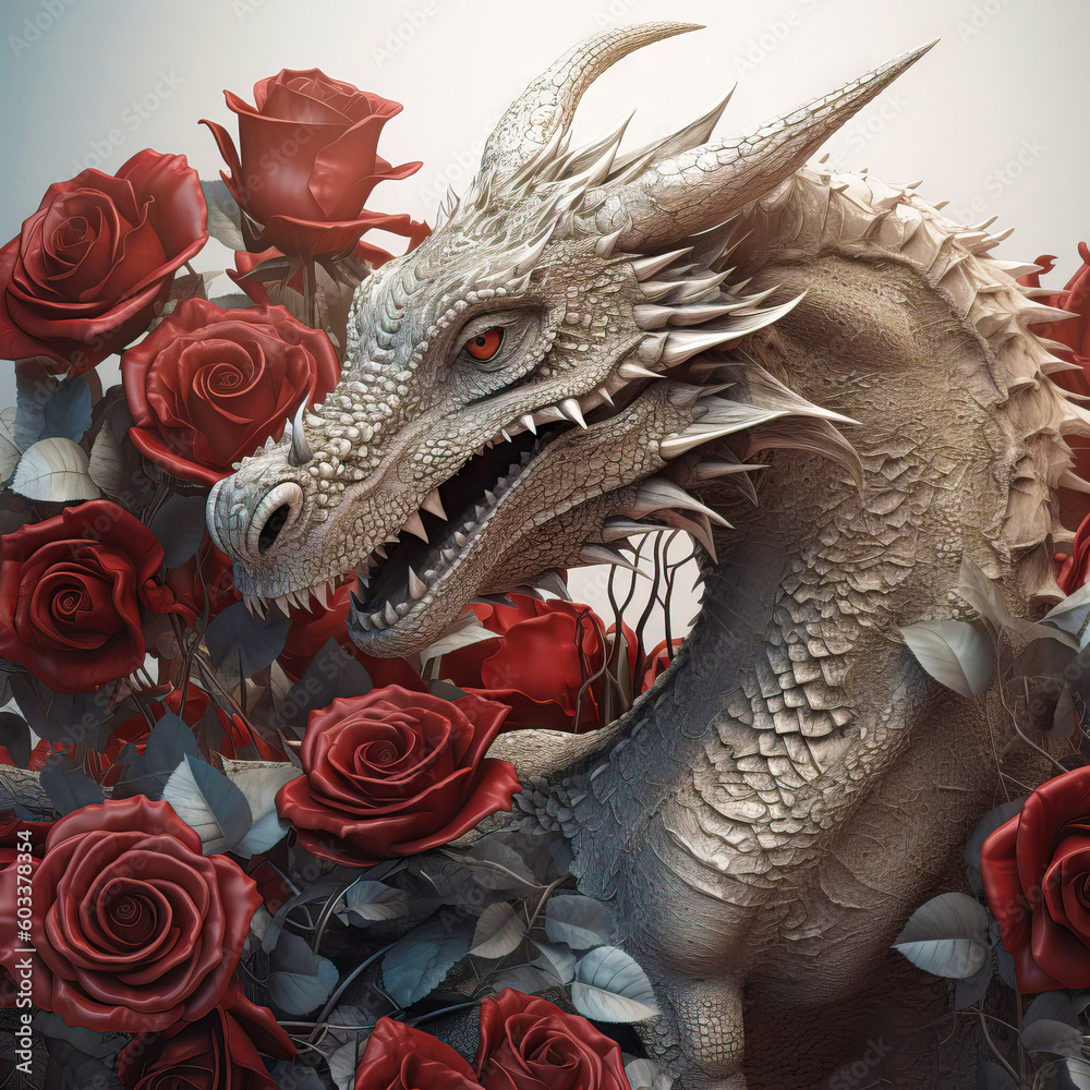 Illustration of a very detailed dragon with some roses high-quality ultra definition with white background generated by AÍ Illustration of a very detailed dragon with some roses high-quality ultra definition with white background generated by AÍ