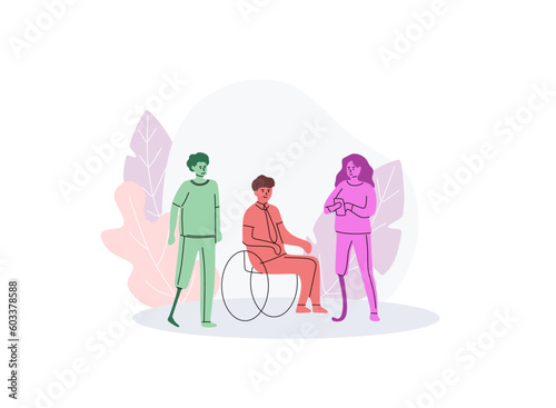 A man with a prosthesis, a woman with a prosthesis and a man in a wheelchair spend time together. Adaptation of people with disabilities. The concept of inclusion, diversity and equality