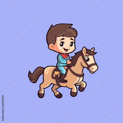 Flat Design Concept  Cartoon Vector Icon Depicting a Kid Engaged in Horse Racing