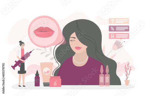 Permanent lips makeup. Girl facial treatment. Permanent lips implants, mouth injections, plastic surgery concept. Filler cosmetic procedure, plump lips method.