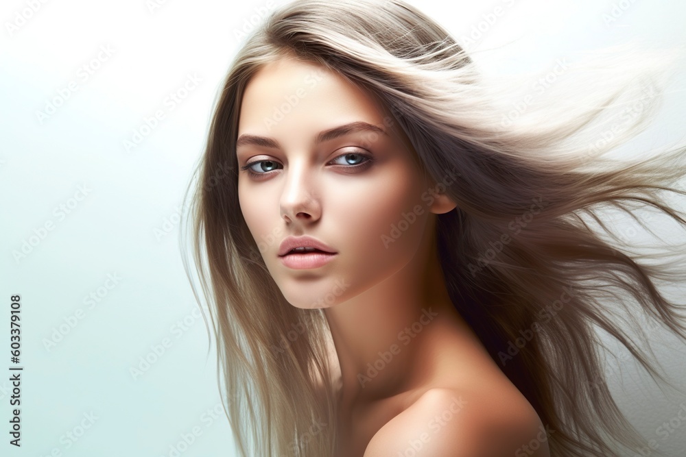 Smiling blond-haired woman poses calm and natural. Ai generated. Smiling blond-haired woman poses calm and natural. Ai generated.