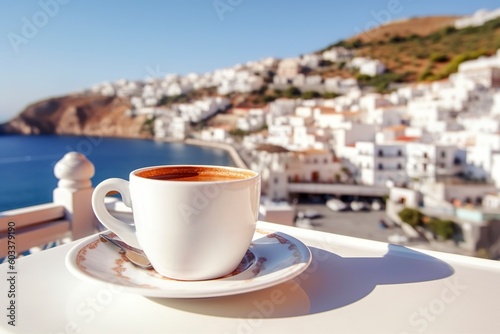 A cup of tea before visiting a maritime Greek town. Ai generated.
