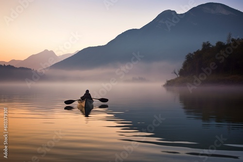 morning mist, a solitary canoe glides upon the tranquil lake. Ai generated.