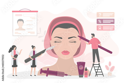 Plastic surgery, lifting contour skin, injections. Surgery facial cosmetic rejuvenating treatment. Surgeons team drawing perforation lines on face before face plastic procedure.
