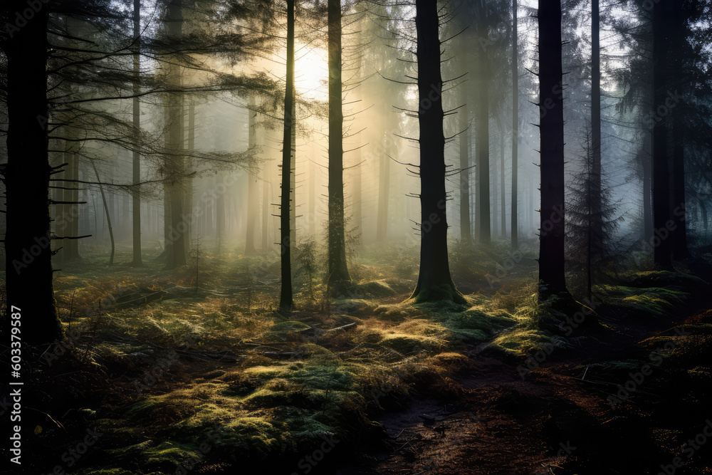 morning in the woods with fog generative ai morning in the woods with fog generative ai